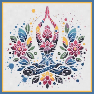 May include: A colourful illustration of a person in a yoga pose surrounded by flowers and abstract shapes. The person is in a seated position with their arms raised above their head. The flowers are in shades of pink, red, yellow, and blue. The background is white with splashes of colour.