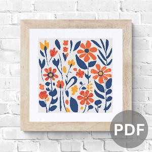 Retro Floral Cross Stitch Pattern: Modern Flower Chart (PDF Download)