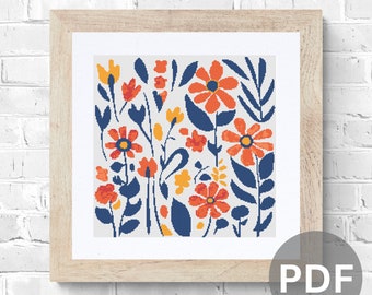 Modern Retro Floral Cross Stitch Pattern pdf instant digital download simple flowers counted cross stitch chart easy