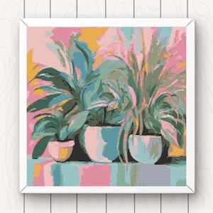 Kreuzstichmuster Zimmerpflanzen Kunst botanische Topfpflanzen abstrakt bunt PDF digitaler download modern Natur Kreuzstichvorlage groß