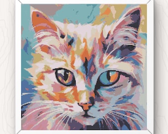 Tabby Cat Cross Stitch Pattern: Modern Colourful Abstract Feline Design Chart (PDF Download)
