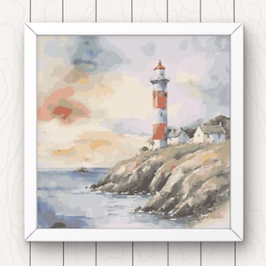 Coastal Lighthouse Cross Stitch Pattern: Modern Watercolor Art (PDF Download)