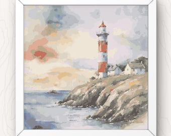 Coastal Lighthouse Cross Stitch Pattern: Modern Watercolor Art (PDF Download)