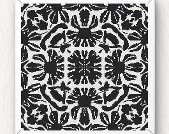 Zwart-wit bloemen kruissteek tegelpatroon zwart-wit abstract bloemontwerp (pdf-patroon)