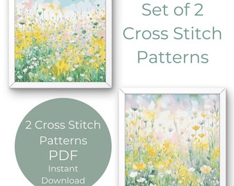 Flower Meadow Cross Stitch Patterns Set of 2 Flowers Landscape Nature pdf instant digital download counted cross stitch colourful