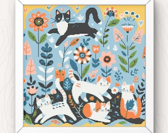Cute Cats Cross Stitch Pattern modern bright colourful pdf instant download animal counted cross stitch pattern feline modern full coverage
