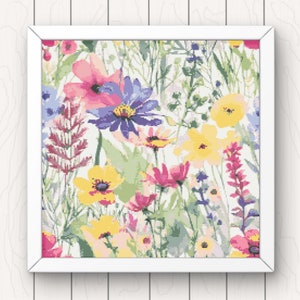Wilde bloemen Cross Stitch patroon bloemen aquarel pdf instant download landschap geteld kruissteek patroon grafiek volledige dekking