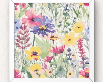 Wildflowers Cross Stitch Pattern: Watercolor Floral Landscape (PDF Download)
