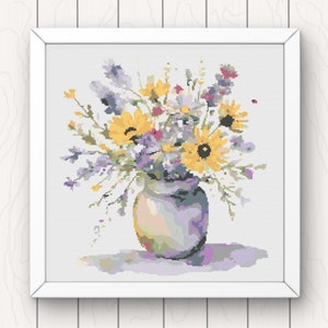 Wildflower Bouquet Cross Stitch Pattern: Watercolor Flowers in Vase (PDF Download)