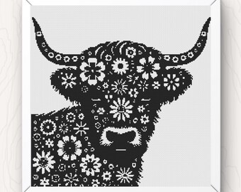 Highland Cow Cross Stitch Pattern: Monochrome Animal Chart (PDF Download)