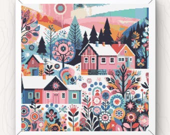 Village Cross Stitch Pattern: Retro Floral Town (PDF Download)