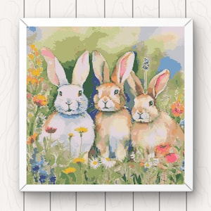 Conejos Patrón de punto de cruz acuarela arte floral colorido PDF gráfico de descarga digital conejitos animales gran cobertura completa