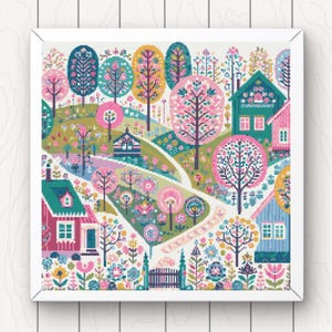 May include: A colorful cross-stitch pattern featuring a whimsical village with houses, trees, and flowers. The houses are in shades of blue, green, and red, and the trees are in shades of pink, green, and yellow. The flowers are in a variety of colors, including pink, purple, blue, and yellow.