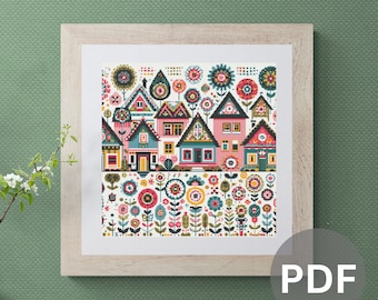 Whimsical Village Cross Stitch Pattern: Folk Art Houses & Flowers (PDF Download)