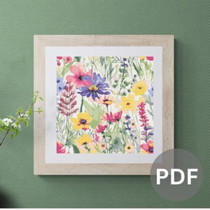 Patrón de punto de cruz de flores silvestres acuarela floral pdf descarga instantánea paisaje patrón de punto de cruz contado gráfico cobertura completa