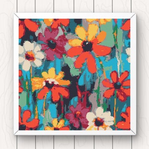 Flores Patrón de punto de cruz abstracto floral pdf descarga instantánea paisaje de la naturaleza gráfico brillante y colorido cobertura completa fácil y simple