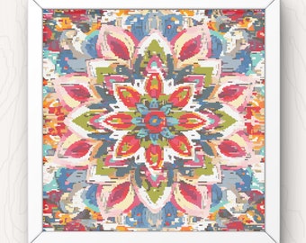 Patrón de punto de cruz de mandala floral: Diseño geométrico colorido (Descarga PDF)