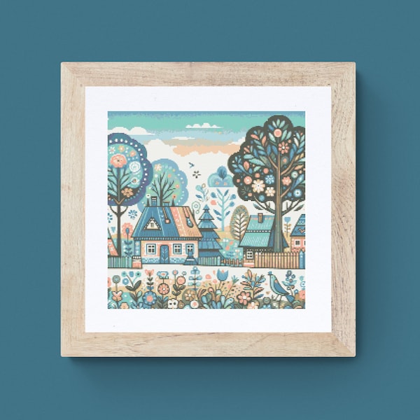 Houses Village Cross Stitch Pattern pdf instant download whimsical folk art town counted cross stitch pattern full coverage large