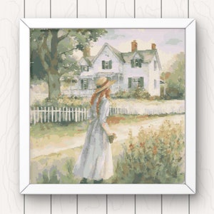 May include: A young woman in a white dress and straw hat walks down a path towards a white farmhouse with a white picket fence. The house has a porch with a swing and a flower garden in front.