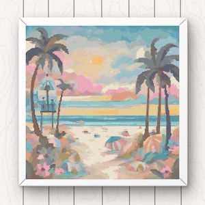 Beach Palm Trees Cross Stitch Pattern: Watercolor Seaside (PDF Download)