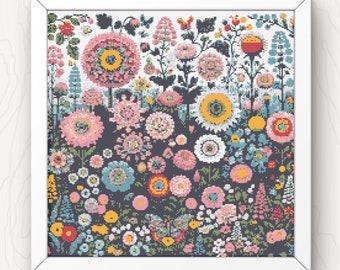Flower Garden Cross Stitch Pattern: Floral Landscape (PDF Download)