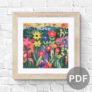 Patrón de punto de cruz Flores de colores brillantes pdf descarga instantánea prado floral abstracto contado patrón de punto de cruz cobertura completa