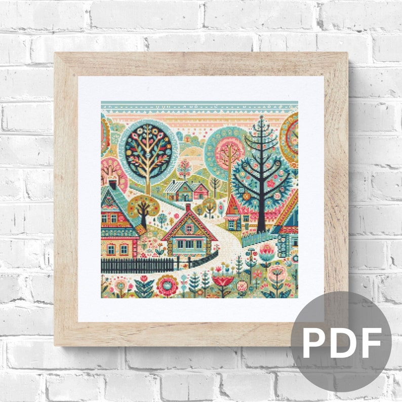 Village Cross Stitch Pattern houses pdf instant download folk art town counted cross stitch pattern whimsical full coverage large image 6
