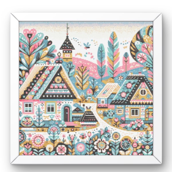 Houses Cross Stitch Pattern village pdf instant download folk art town counted cross stitch pattern whimsical full coverage large