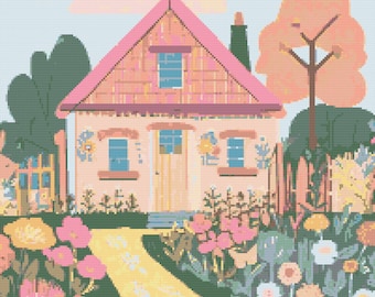 Cottagecore Cottage & Flower Garden Cross Stitch Pattern (PDF Download)