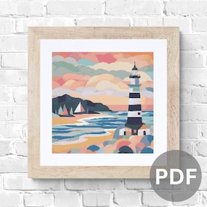 Coastal Lighthouse Cross Stitch Pattern: Modern Landscape (PDF Download)