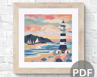 Coastal Lighthouse Cross Stitch Pattern: Modern Landscape (PDF Download)