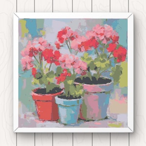 May include: Four potted pink and red geraniums in terracotta and blue pots. The plants are in a framed painting with a light blue background.