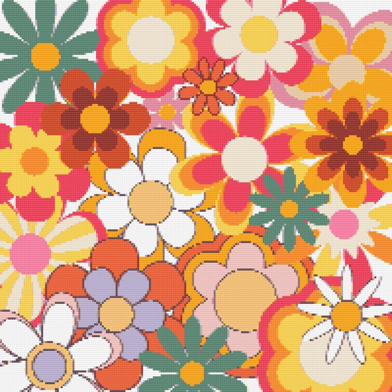 May include: A retro-style floral pattern with a variety of colorful flowers in shades of orange, yellow, pink, red, brown, and green. The flowers are arranged in a random pattern and have a pixelated or cross-stitch look.