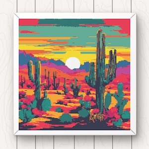 Desert Cross Stitch Pattern sunrise landscape cactus pdf instant download counted cross stitch chart full coverage 200x200 stitches