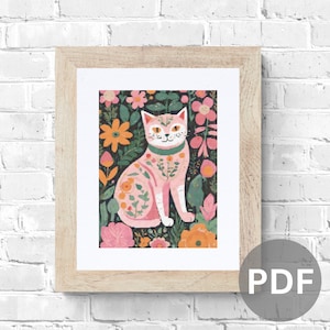 Cat Cross Stitch Pattern whimsical pdf instant download folk art counted cross stitch pattern full coverage 148 x200 stitches