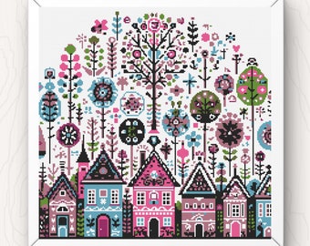 Whimsical Village Cross Stitch Pattern: Folk Art Town (PDF Download)