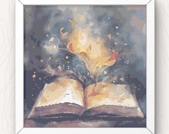 May include: An open book with a magical, swirling, golden light emanating from its pages. The background is a dark blue with stars and a hazy, ethereal glow.
