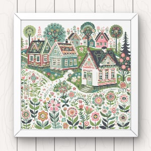 May include: A cross-stitch pattern depicting a charming village with colourful houses, trees, and flowers. The houses have intricate details and are surrounded by a flourishing garden.