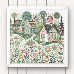 Village Cross Stitch Pattern houses pdf instant download folk art town counted cross stitch pattern whimsical full coverage large