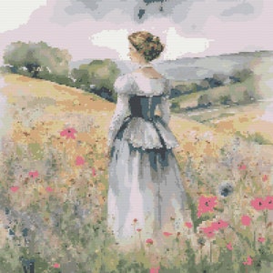 Woman in flower meadow Cross Stitch Pattern lady pdf instant download floral landscape counted cross stitch chart full coverage