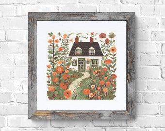 Cottage Garden Cross Stitch Pattern: Floral House (PDF Download)