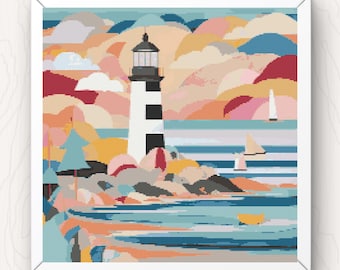 Coastal Lighthouse Cross Stitch Pattern: Modern Scenic Collage (PDF Download)