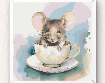 Mouse in a Teacup Cross Stitch Pattern cute modern pdf instant download rodent cute animal counted cross stitch chart digital full coverage