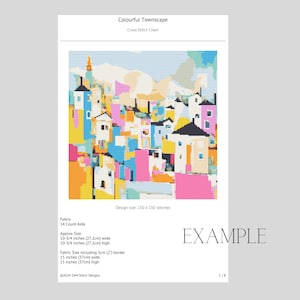 May include: Cross stitch chart pattern for a colourful cityscape with a design size of 150 x 150 stitches. The chart is for 14 count Aida fabric and the finished size is 10 3/4 inches wide and 10 3/4 inches high.