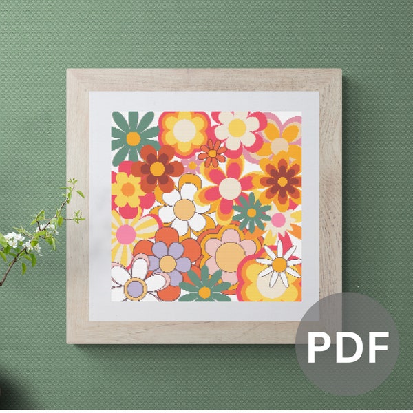 Abstract Flowers Retro Cross Stitch Pattern modern pdf instant download floral counted cross stitch pattern full coverage 200x200 stitches