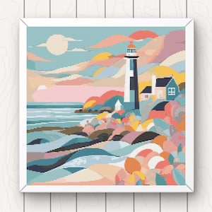 Coastal Lighthouse Cross Stitch Pattern: Modern Landscape Art (PDF Download)