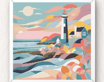 Coastal Lighthouse Cross Stitch Pattern: Modern Landscape Art (PDF Download)
