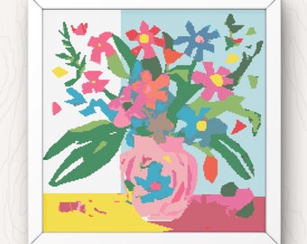 Abstract bloemenkruissteekpatroon: kleurrijk botanisch ontwerp (pdf-download)