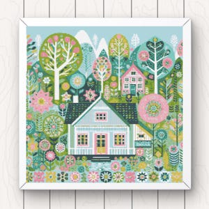 Cottage Kreuzstich Anleitung Blumen und Bäume Anleitung großes Kreuzstichmuster große moderne Kreuzstichvorlage