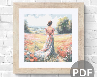 Woman in Floral Meadow Cross Stitch Pattern: Colorful Landscape (PDF Pattern)